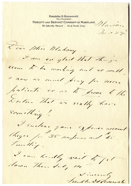 Franklin D. Roosevelt Autograph Letter Signed to Helena Mahoney, His Physical Therapist -- ''...now we must pray for more patients so as to prove to the Doctors that we really have something!...''